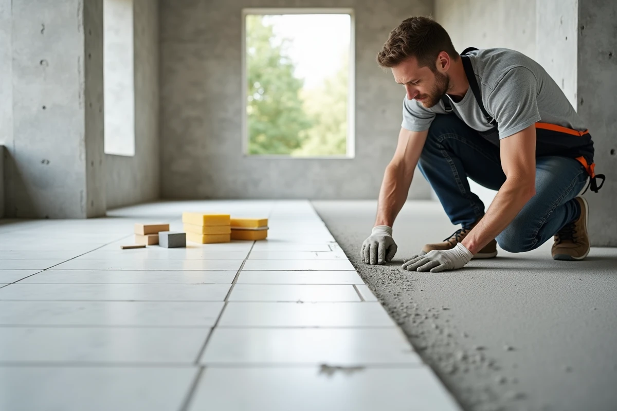 Carreleur appliquant le joint de carrelage sur un sol en grès cérame dans un espace commercial