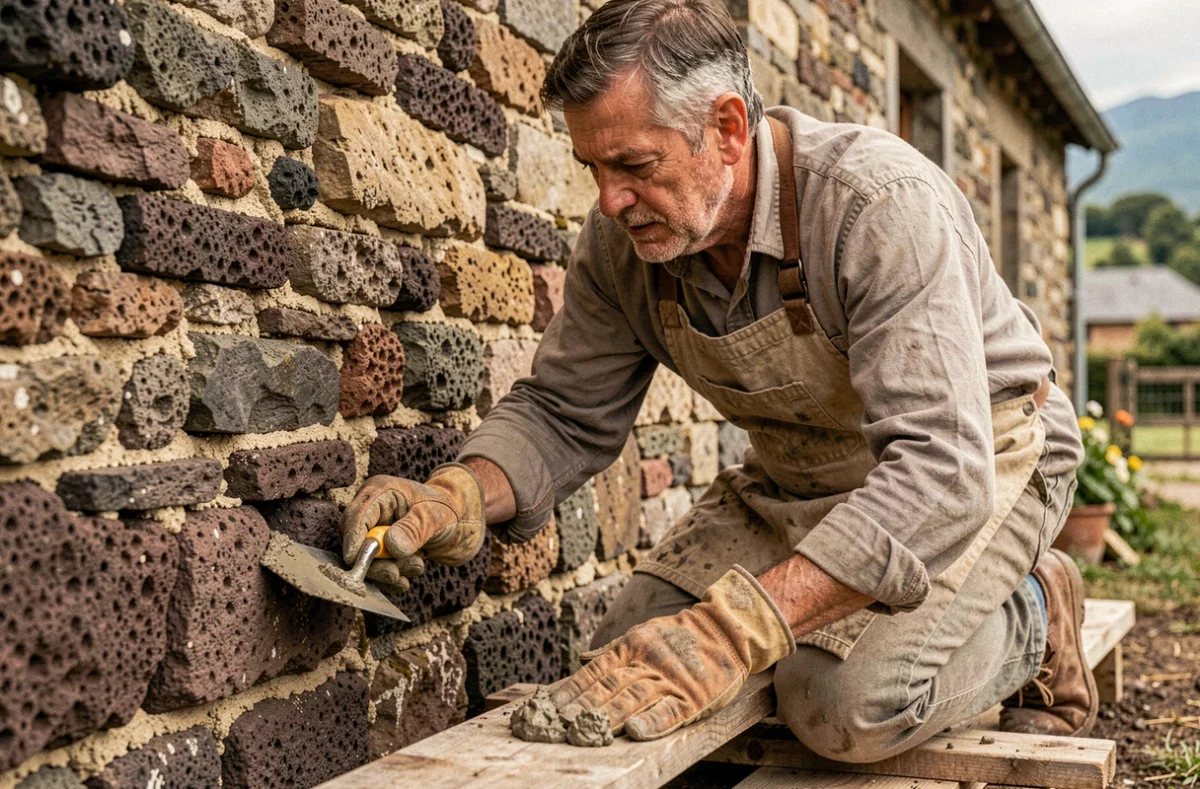 Maçon expérimenté rejointoyant un mur en pierre volcanique traditionnelle pour Kukla Josef dans le Puy-de-Dôme