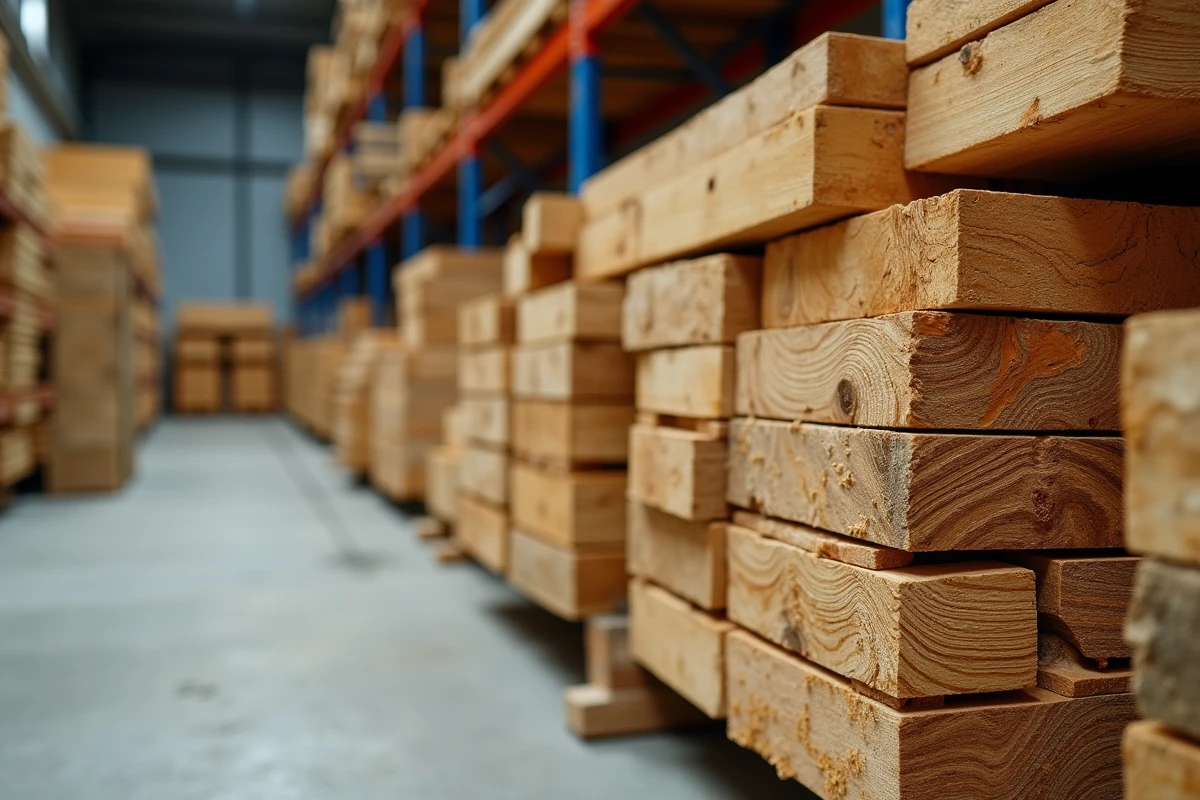 Comparaison de lambourdes et solives en bois traité autoclave empilées en stock dans un entrepôt de matériaux de construction