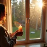 Personne tenant une bougie allumee pres d'une fenetre moderne ensoleillee