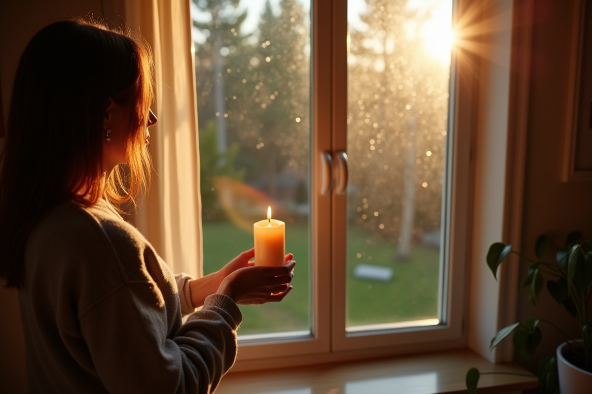Personne tenant une bougie allumee pres d'une fenetre moderne ensoleillee