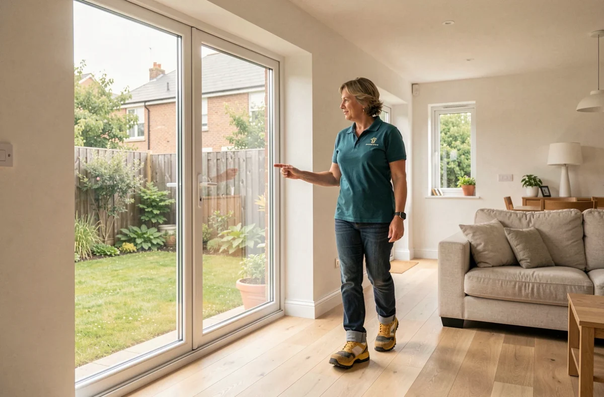 Conseillère habitat présentant des fenêtres double vitrage installées à un propriétaire dans une maison moderne bretonne pour Laot Habitat