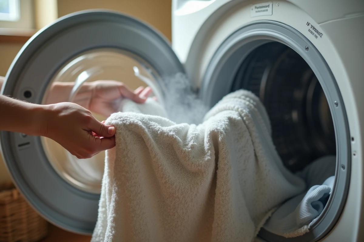 Linge sortant d'un tambour de machine à laver avec vapeur visible, illustrant l'effet du cycle vapeur sur les textiles