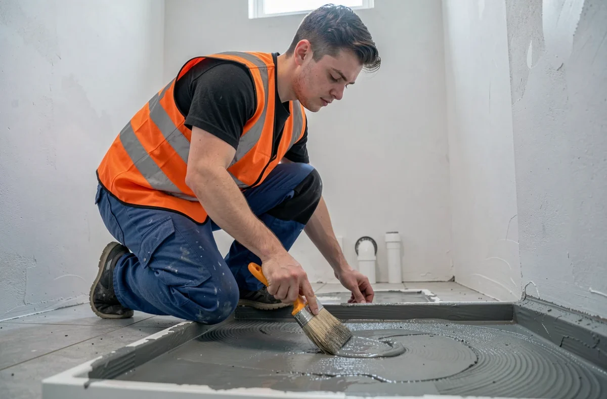 Carreleur Luvabat appliquant une membrane d'étanchéité dans une douche avant la pose du carrelage