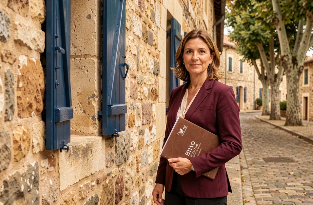 Consultante de MANON HABITAT devant une maison catalane rénovée aux volets bleus