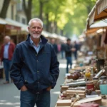 Homme souriant en veste navy au marché vintage en Yvelines