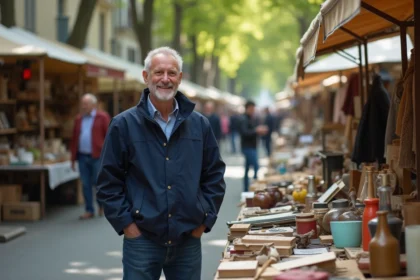 Homme souriant en veste navy au marché vintage en Yvelines
