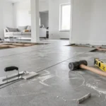 Vue d'ensemble d'un chantier de carrelage professionnel en Essonne avec carreaux grand format et outils de pose