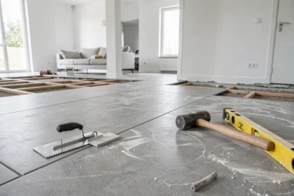 Vue d'ensemble d'un chantier de carrelage professionnel en Essonne avec carreaux grand format et outils de pose