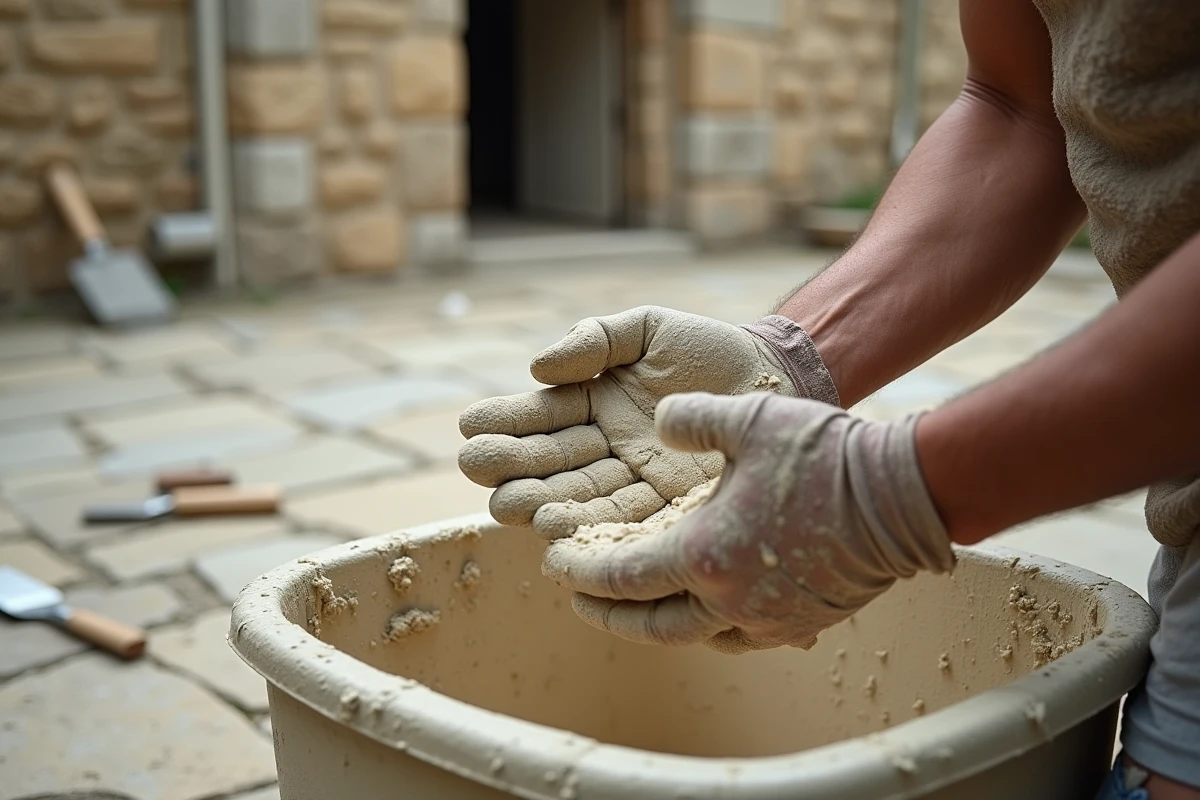 Gros plan sur des mains mélangeant un mortier de chaux et sable pour la restauration d'un mur en pierre ancienne