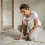 Femme mesurant la surface d'une pièce en rénovation avec un mètre ruban pour calculer les mètres carrés avant peinture