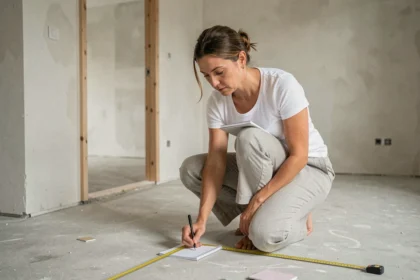 Femme mesurant la surface d'une pièce en rénovation avec un mètre ruban pour calculer les mètres carrés avant peinture