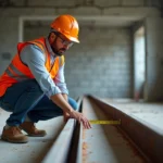 Ingénieur mesurant la largeur d'une poutre IPN en acier sur un chantier de construction, avec mètre ruban et équipement de sécurité