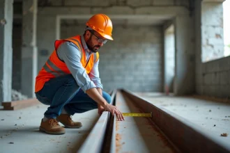 Ingénieur mesurant la largeur d'une poutre IPN en acier sur un chantier de construction, avec mètre ruban et équipement de sécurité