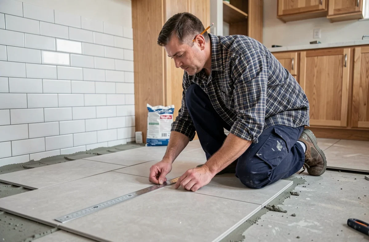 Homme mesurant la surface au sol pour poser du carrelage dans une cuisine en rénovation
