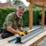 Artisan mesurant un tube rectangulaire en aluminium pour la construction d'une pergola dans un jardin résidentiel