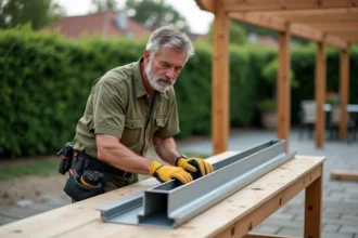 Artisan mesurant un tube rectangulaire en aluminium pour la construction d'une pergola dans un jardin résidentiel