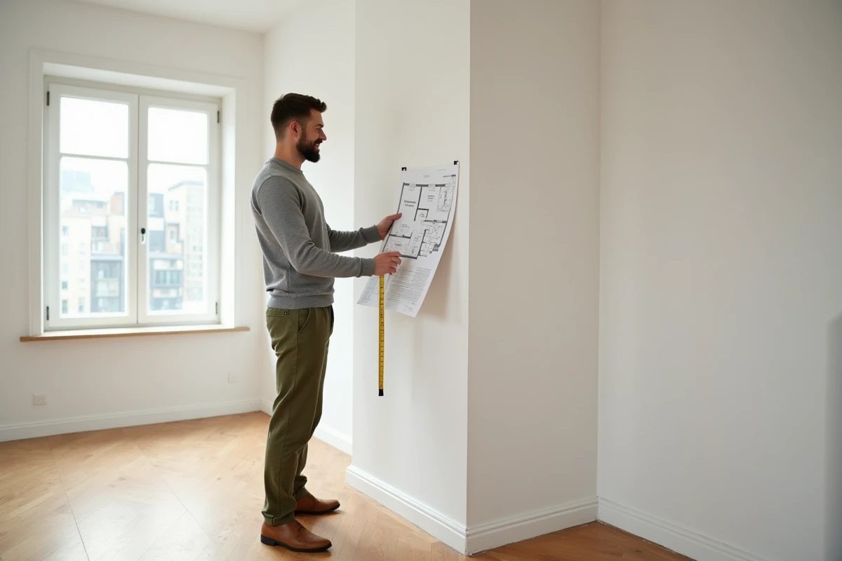 Homme mesurant les dimensions d'une pièce vide avec un plan imprimé pour aménager son appartement
