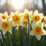 Groupe de narcisses en fleurs dans un jardin gelé en hiver
