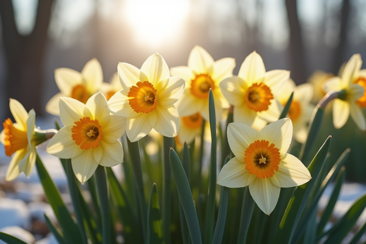 Groupe de narcisses en fleurs dans un jardin gelé en hiver
