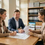Couple discutant d'un projet de rénovation avec un agent immobilier à Lille, consultation de plans et d'un outil de gestion en ligne lors de la négociation d'achat