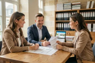 Couple discutant d'un projet de rénovation avec un agent immobilier à Lille, consultation de plans et d'un outil de gestion en ligne lors de la négociation d'achat