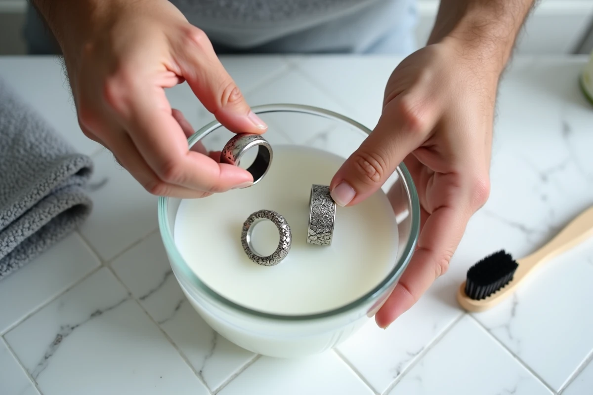Mains plongeant des bijoux en argent noircis dans une solution nettoyante dans un bol en verre, entretien et nettoyage de l'argent