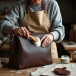 Femme nettoyant un sac en cuir moisi avec une brosse douce et une crème nettoyante sur un établi en bois