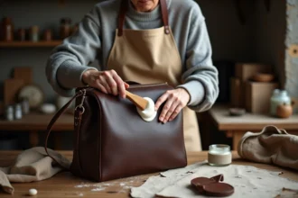 Femme nettoyant un sac en cuir moisi avec une brosse douce et une crème nettoyante sur un établi en bois