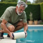 Homme nettoyant un filtre de piscine saturé de clarifiant en excès
