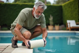 Homme nettoyant un filtre de piscine saturé de clarifiant en excès