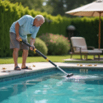 Homme d'âge moyen nettoyant la piscine avec une épuisette
