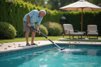 Homme d'âge moyen nettoyant la piscine avec une épuisette