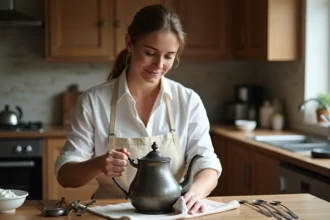 Femme qui nettoie une théière en argent noircie avec un chiffon doux sur une table en bois, entretien de l'argenterie maison