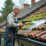 Homme en tenue de travail utilisant un nettoyeur haute pression sur un toit