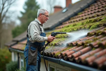 Homme en tenue de travail utilisant un nettoyeur haute pression sur un toit