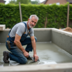 Ouvrier en overalls posant la piscine en béton