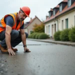 Ouvrier inspectant une dalle en béton exposé en extérieur