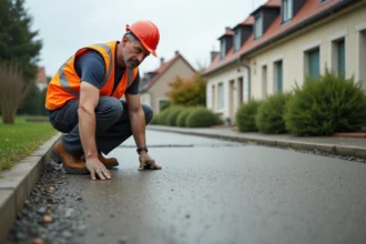 Ouvrier inspectant une dalle en béton exposé en extérieur