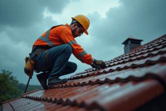 Couvreur professionnel travaillant sous la pluie sur un toit en pente