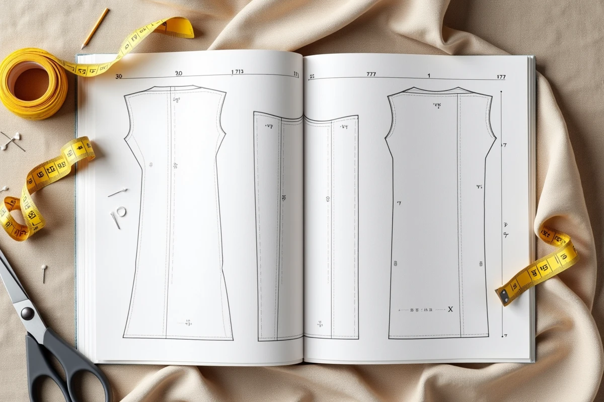 Patron de couture imprimé avec annotations posé sur du tissu lin entouré d'accessoires de couture