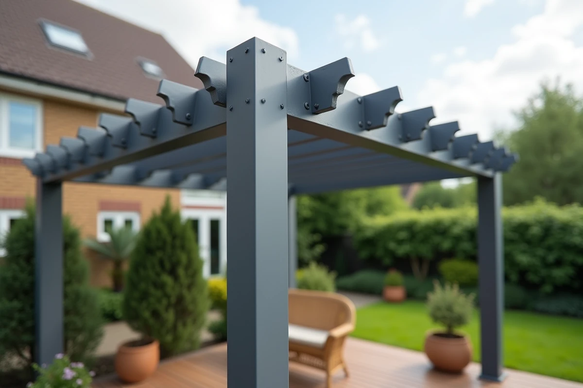 Pergola en tubes rectangulaires aluminium installée sur une terrasse en bois avec jardin en arrière-plan, montrant les assemblages et connecteurs