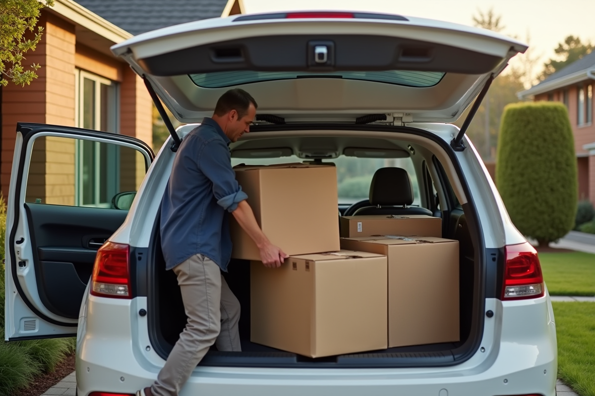 Personne chargeant des cartons dans une voiture devant une maison