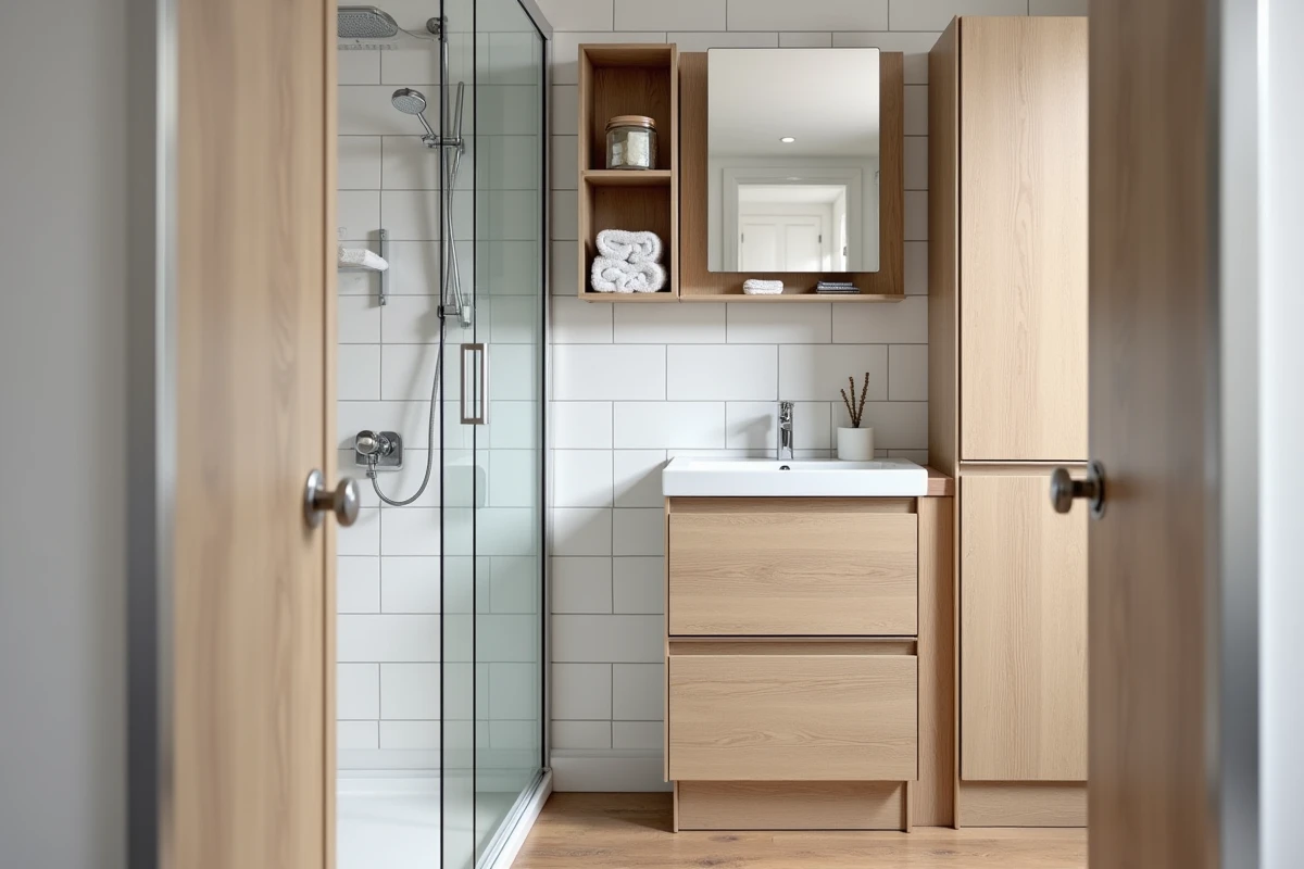 Petite salle de bain optimisée avec rangements malins, niche murale, colonne en bois et meuble sous vasque intégré