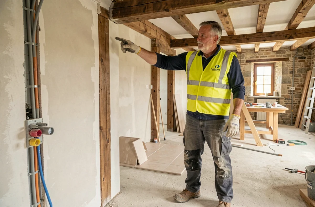 Chef de chantier supervisant des travaux tous corps d'état dans une maison traditionnelle pour l'entreprise Pingeon et Fils dans le Puy-de-Dôme