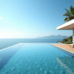 Piscine infinity moderne avec vue mer panoramique et deck en bois