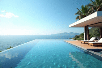 Piscine infinity moderne avec vue mer panoramique et deck en bois