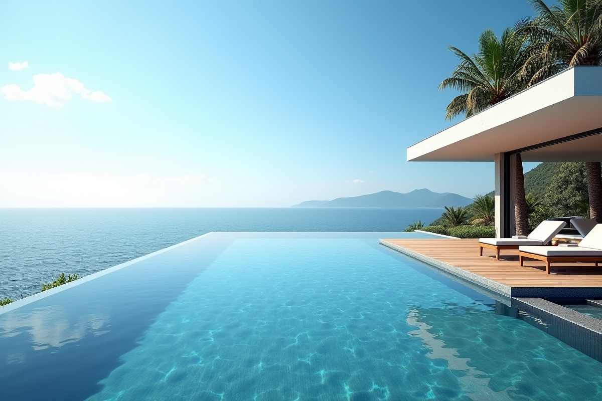 Piscine infinity moderne avec vue mer panoramique et deck en bois
