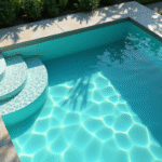 Piscine moderne avec liner turquoise et deck en pierre
