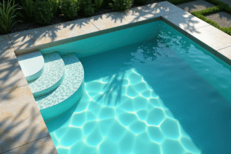 Piscine moderne avec liner turquoise et deck en pierre